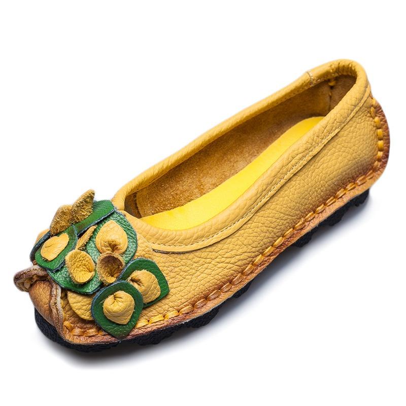 Cowhide women's shoes soft sole shallow mouth flat heels comfortable mother shoes flower single shoes round head middle heel Doudou shoes