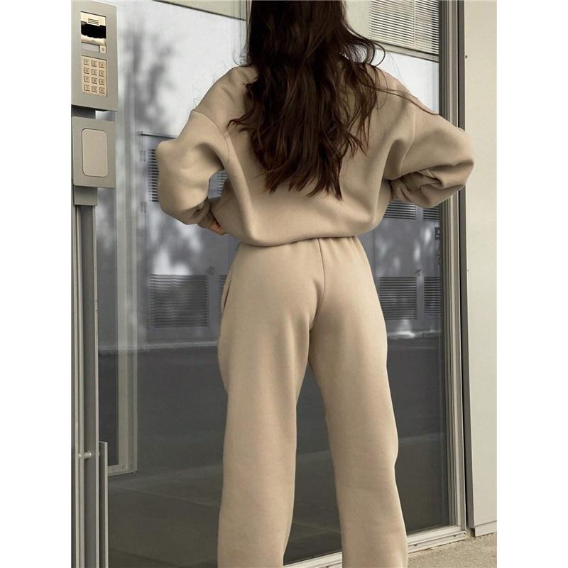 Autumn Winter European And American Half Zipper Stand Up Hoodie Set Solid Color Loose Casual Two Piece Set