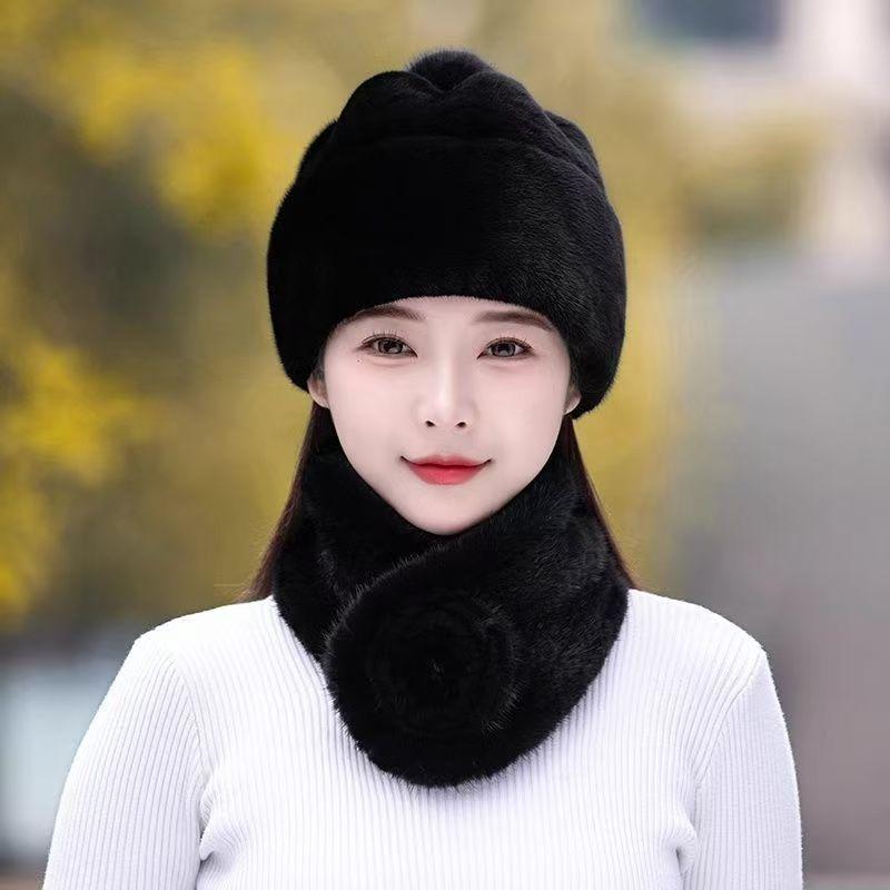 Mink Leather Hat Female Winter Middle-aged and Elderly Mother Model Ear Protection Warm Imitation Fur Whole Leather Mink Velvet Scarf Hat