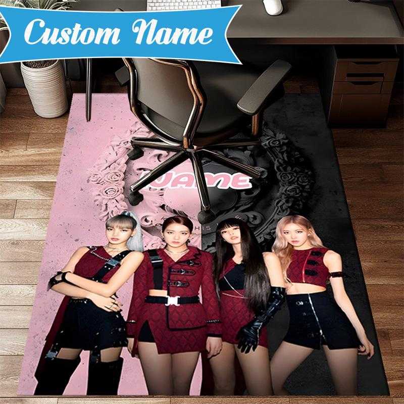 Custom Name Floral Fashion Kpop BP Rug for Living Room, Game Rooms, Office, Bedroom, Floor Mat Playful Design, fan gifts Christmas decor