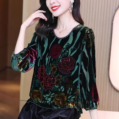 Blusa de Veludo Estampada com Gola Redonda para Mulheres de Verão com Contas Manga Meia Manga Caimento Solto Blusa Camiseta Plus Size