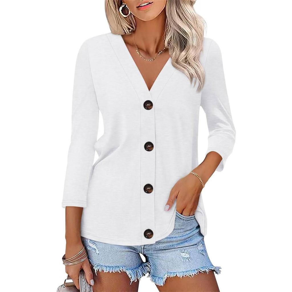 Women's Fashion Casual Solid Color Button-down Shirt 3/4 Long Sleeve Tops