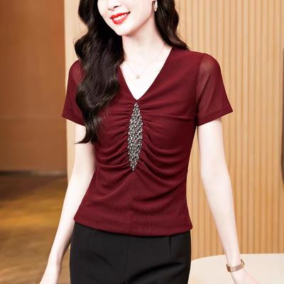 Estate Sexy Scollo a V Lusso Diamanti Caldi Maglietta da Donna Moda Slim Rete Manica Corta T-shirt Marca Signore Top Versatili
