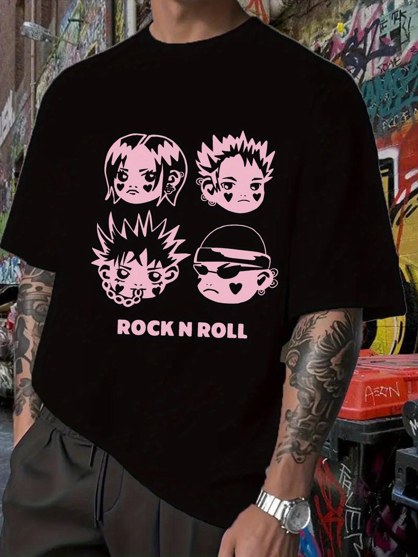 Rock n Roll Graphic T-shirt - Black Band Tee with Pink ROCK N ROLL Print - Soft Medium-Stretch Fabric Regular Fit Casual Shirt for Concerts XXXL