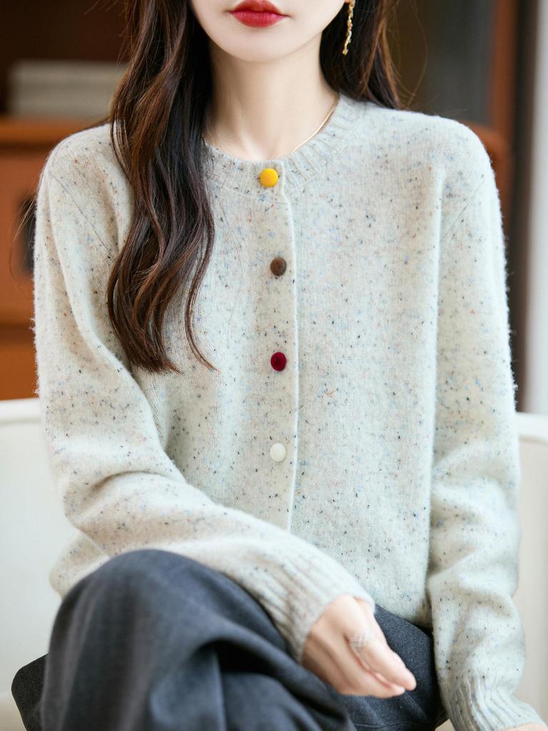 100% Wolle Damen Herbst/Winter Koreanischer Stil Punktgestrickte Strickjacke - Vielseitig, Figurbetont & Modisch Rundhals