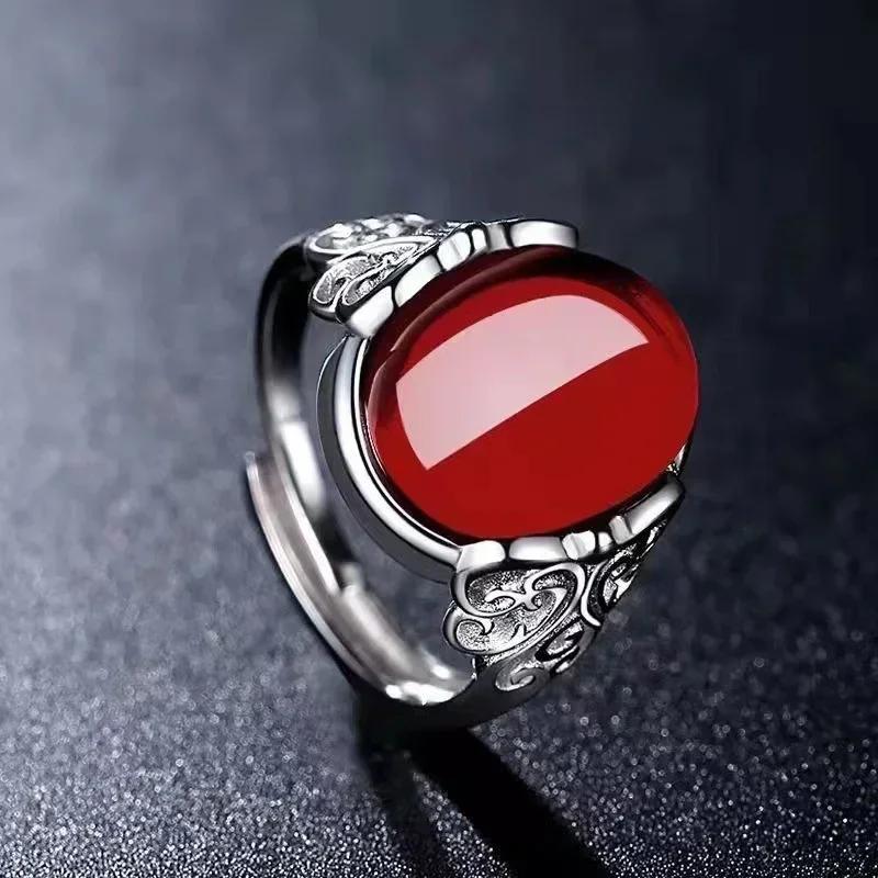 2025 New Red Agate Chalcedony Ancient Silver Color Open Ring Female Crown Rhinestone Ring Hollow Jewelry Gift Adjustable Anillos