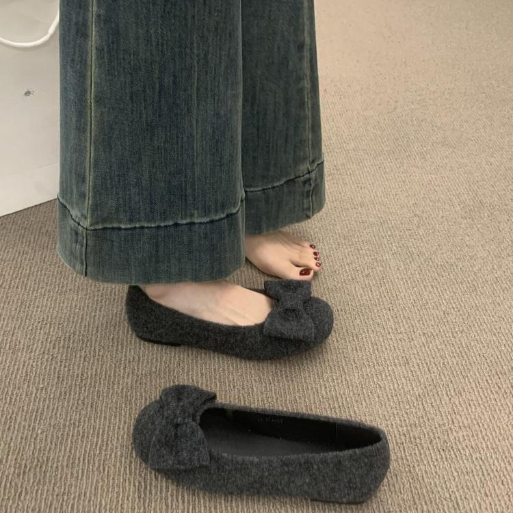 French Flat-bottomed Gray Bow Mary Jane Shoes Are Versatile and Not Tired. Women's Soft-soled Ballet Single Shoes