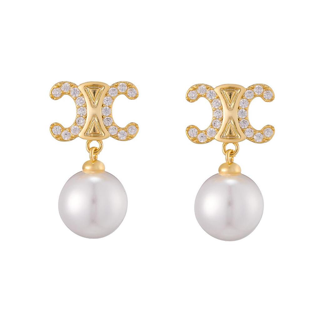 Elegant Pearl Earrings with French Double C Design and S925 Silver Needle