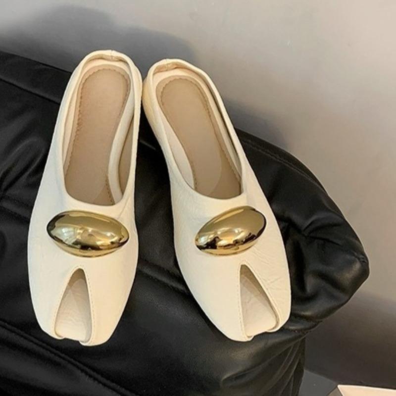 Fashion Metal Buckle Square Toe Low-heeled Slippers Summer New Wrapped Head Foot Soft Sole Anti-slip Wear-resistant Cool Mopping