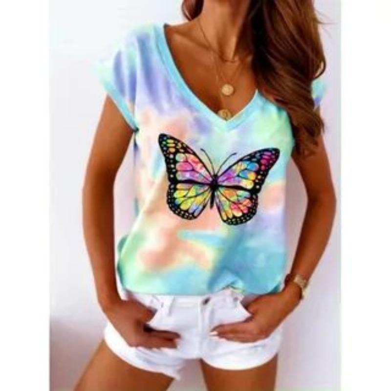 Summer V-neck 3D Creative Butterfly Gradient Printed Top Fashionable Casual Short Sleeved Women's T-shirts