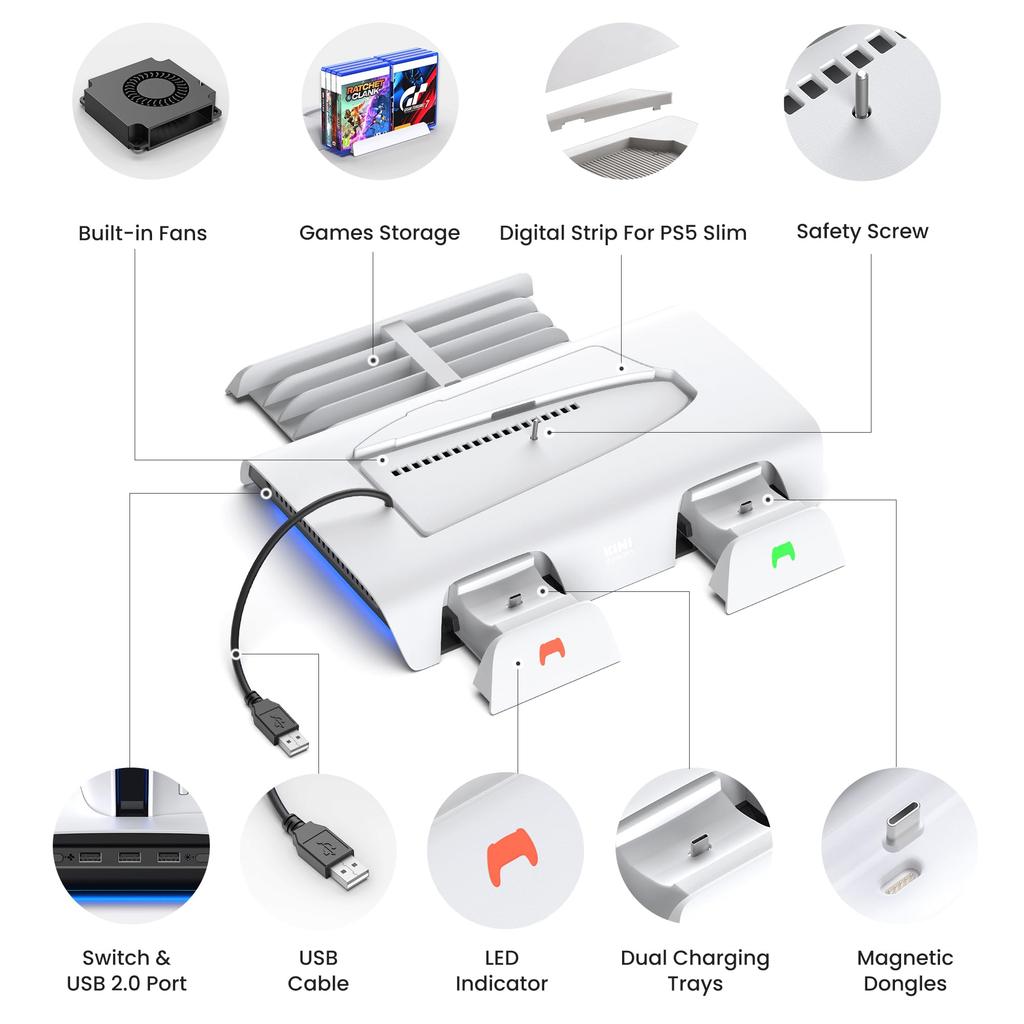 KIWI Design D3 PS5 SLIM Compatible Cooling Vertical Station Controller Charging Stand with Simultaneous Charging of 2 8 Card Airflow USB PS5 PS5