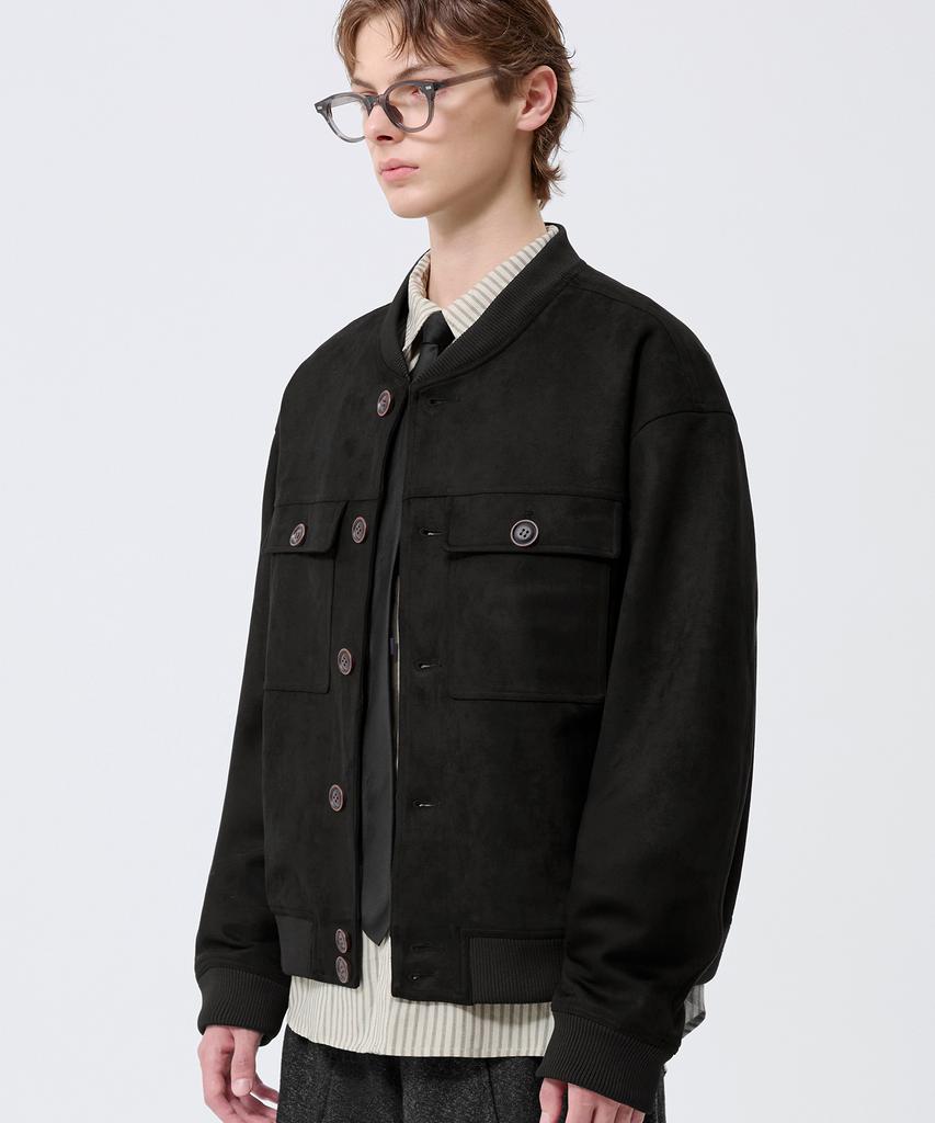 Trillion Two-Pocket Button Suede Bomber Jacket_Black