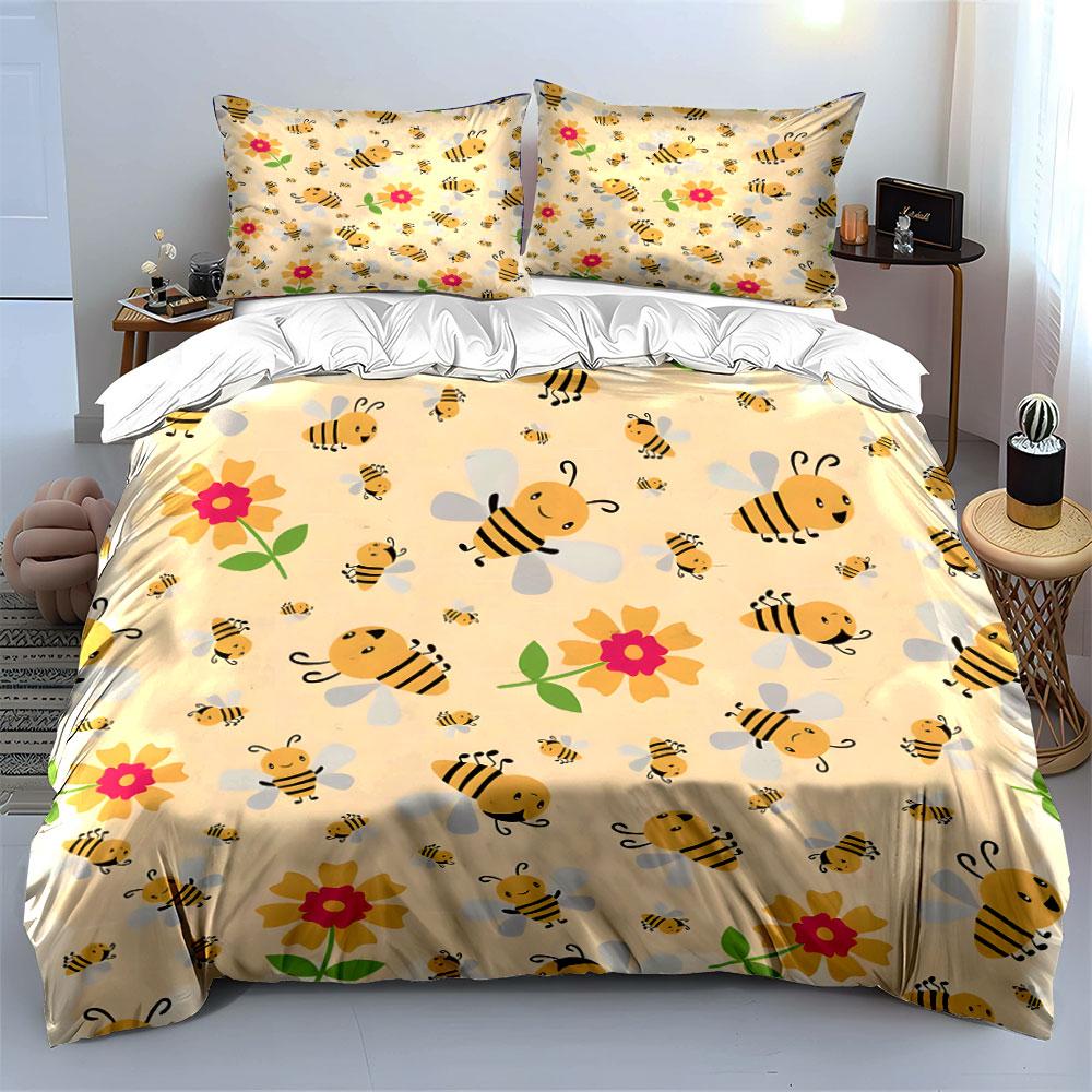 Cute Bees and Flowers Pattern Bedding Duvet Cover Set (1*Duvet Cover 2*Pillowcases, without duvet insert)