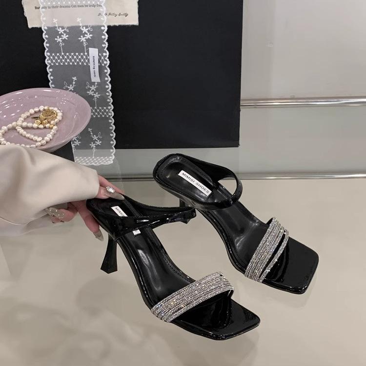 

Beautiful high-heeled fashionable temperament square-headed open-toed slippers for women s summer wear with skirts, rhinestone cool slippers for women 39 чёрный