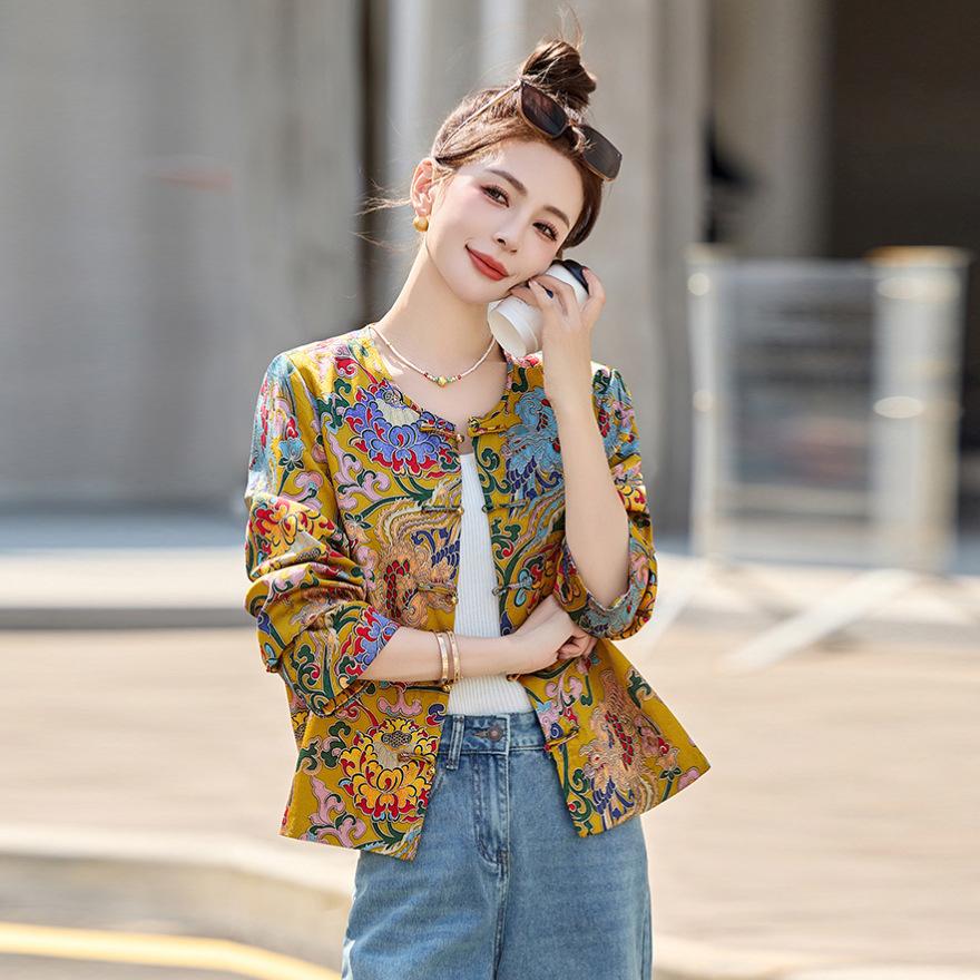 

Ретро шик, короткое пальто с принтом, весенний новый этнический стиль, топ с круглым вырезом и застежкой на дисковые пуговицы для женщин XL