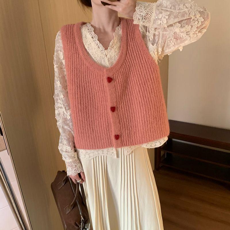 Sweet Heart Button Cardigan Vest Spring Korean Style Casual Sweater Waistcoat Base Layer