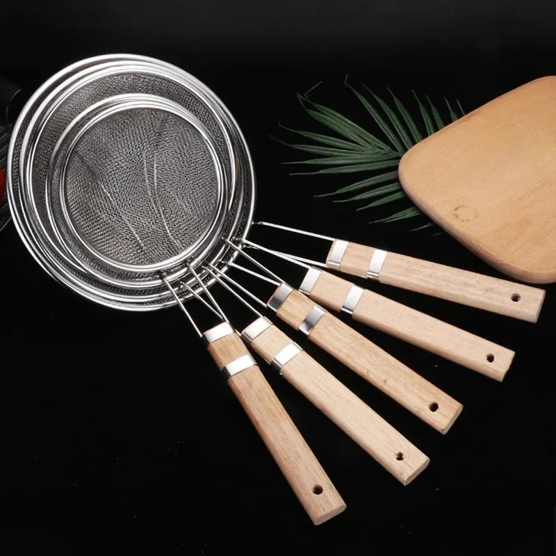 Wood Handle Stainless Steel Flour Filter Screen Soybean Milk Filter Screen Cooking Spoon Screen Snack French Fries Kitchen Tools