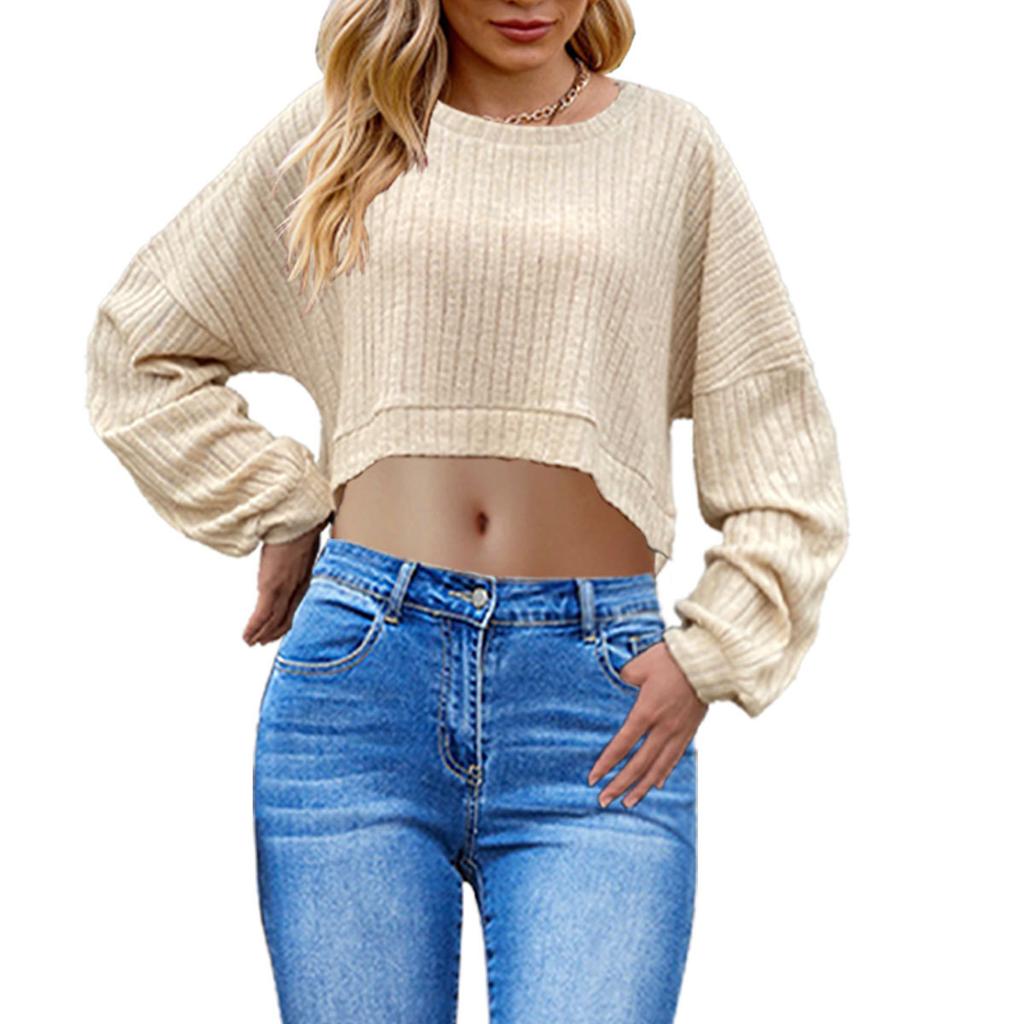 GMXIA Autumn and Winter Women's Wear Is A Brushed Pit Striped Knitted Crop Top with Long Sleeves and Short T-shirts