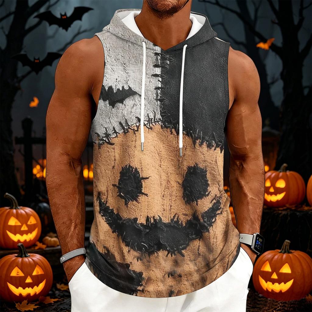 Men's Halloween Printed Hooded Sleeveless Drawstring Vest Casual Top