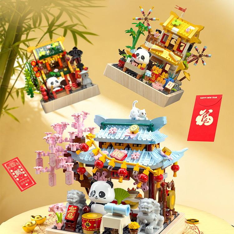 Lovely Cartoon Animal Micro Diamond Building Block China Panda Nanobricks Chinese Culture Street View Brick Toy With Wooden Base
