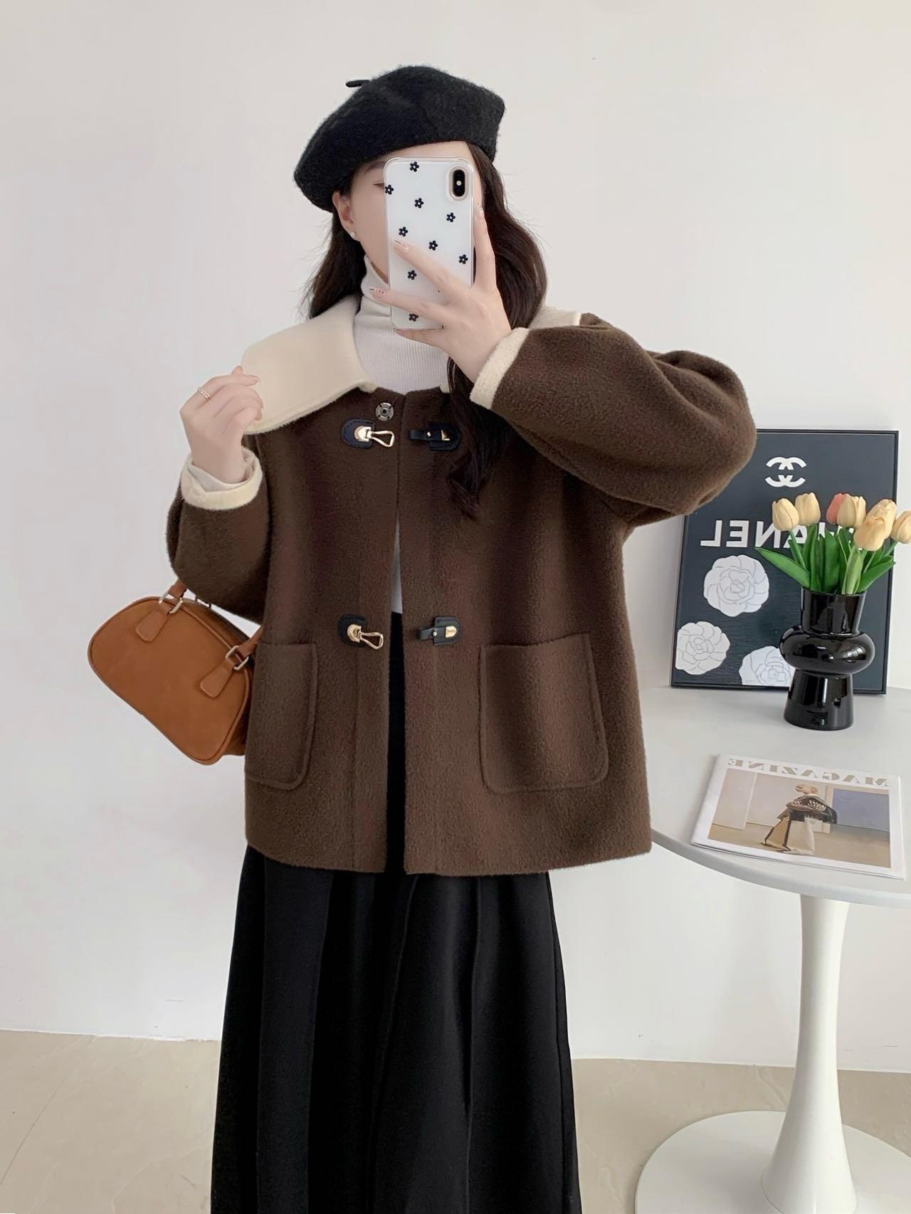 

Doll collar woolen coat autumn and winter new loose thickened knitted cardigan top color matching coat Average size кофейный