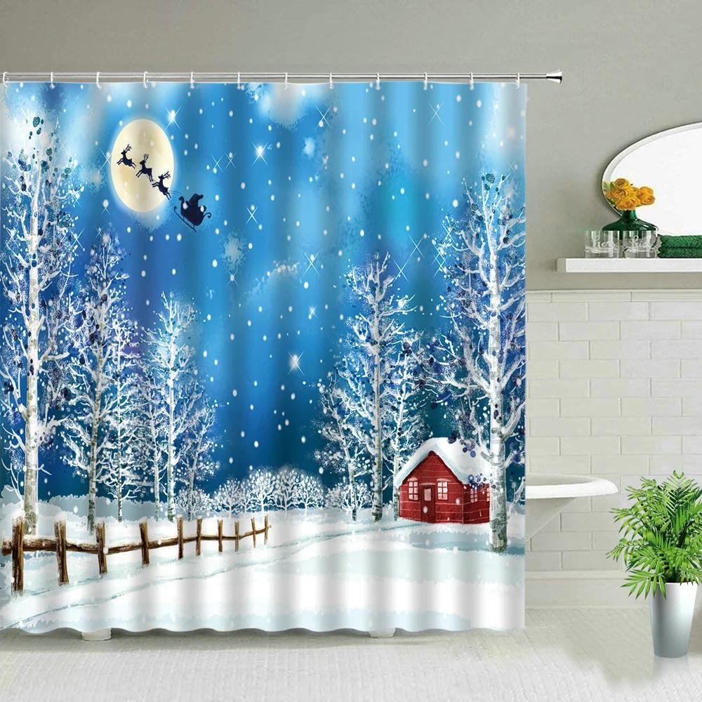 Waterproof Bathroom Shower Curtain Elk Christmas Santa Claus Fairy Snow Night Printed Bath Washable Quick Dry Wrinkle Decoratio