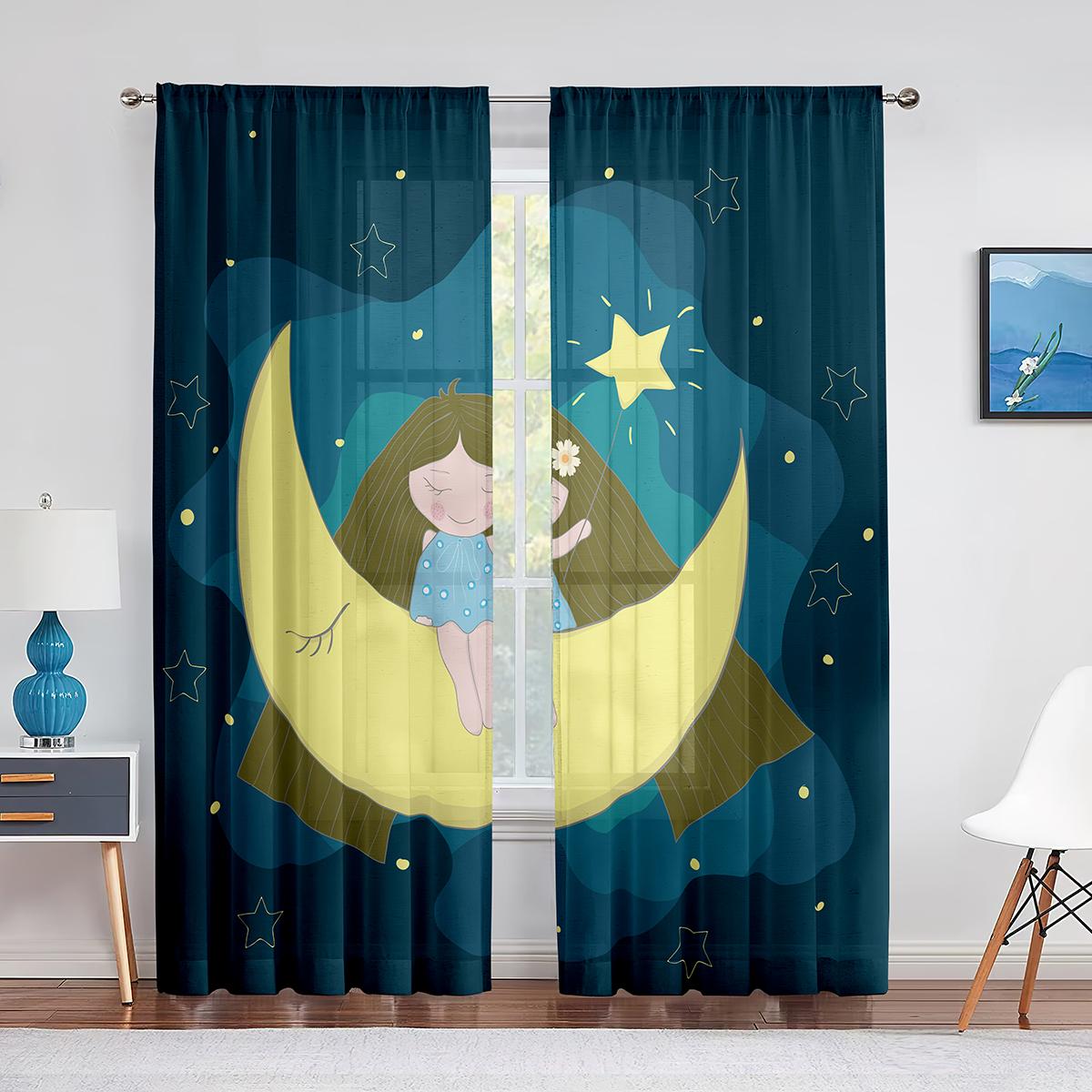 

Милый мультяшный кролик на луне, звезды, кролик, тюль, занавески для гостиной, кухни, детской спальни, прозрачная вуаль, украшение для занавески 1 PCS W100XH250cm&Grommet Top