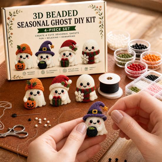 Beaded Ghost DIY Kit, Tiny 3D Beaded Festive Ghost Craft Set, Cute Ghost Bead Craft Kit for Beginners Adults Handmade Gifts