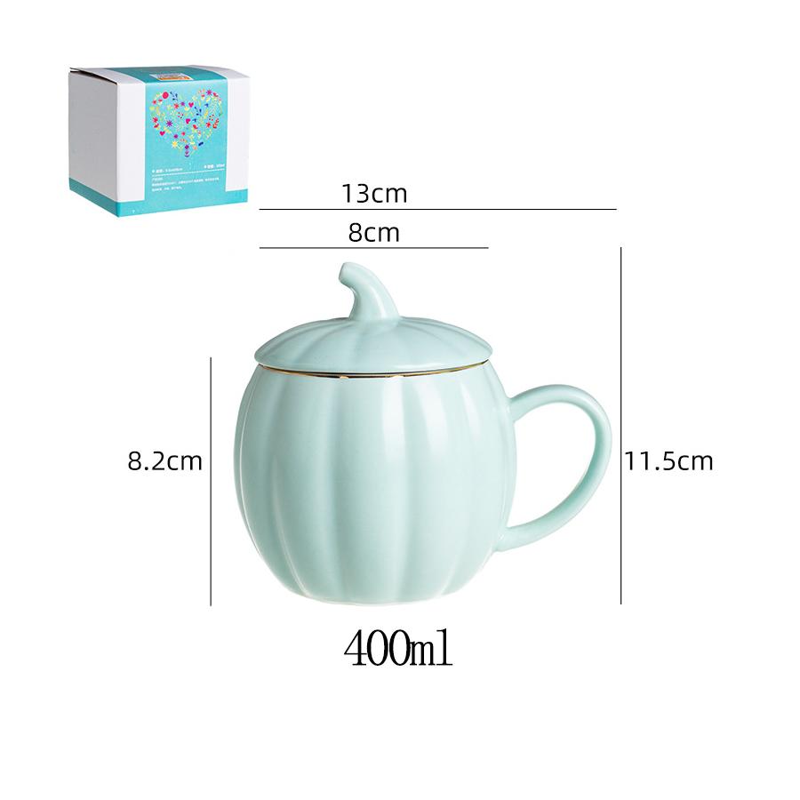 400ml Pumpkin Shape Ceramic Mug with Lid Macaron Color Coffee Cup for Office Home Gift 1pc
