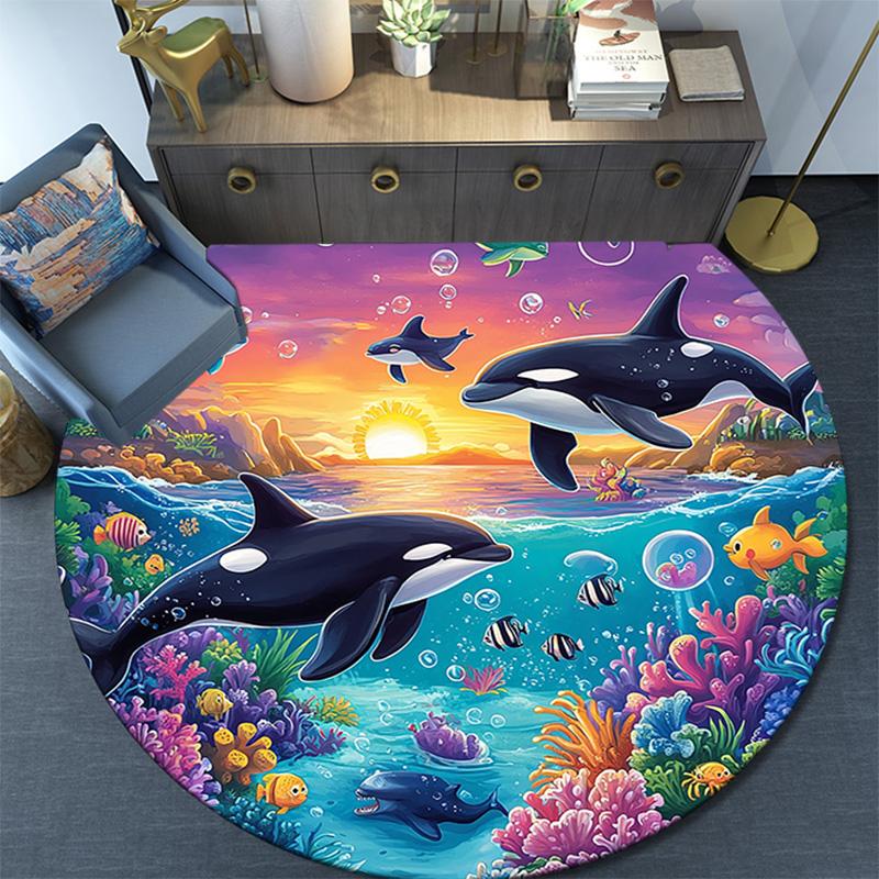 Orca Whales Round Area Rug,Carpet Rug for Living Room Bedroom Sofa Playroom Decor,Non-slip Floor Mat