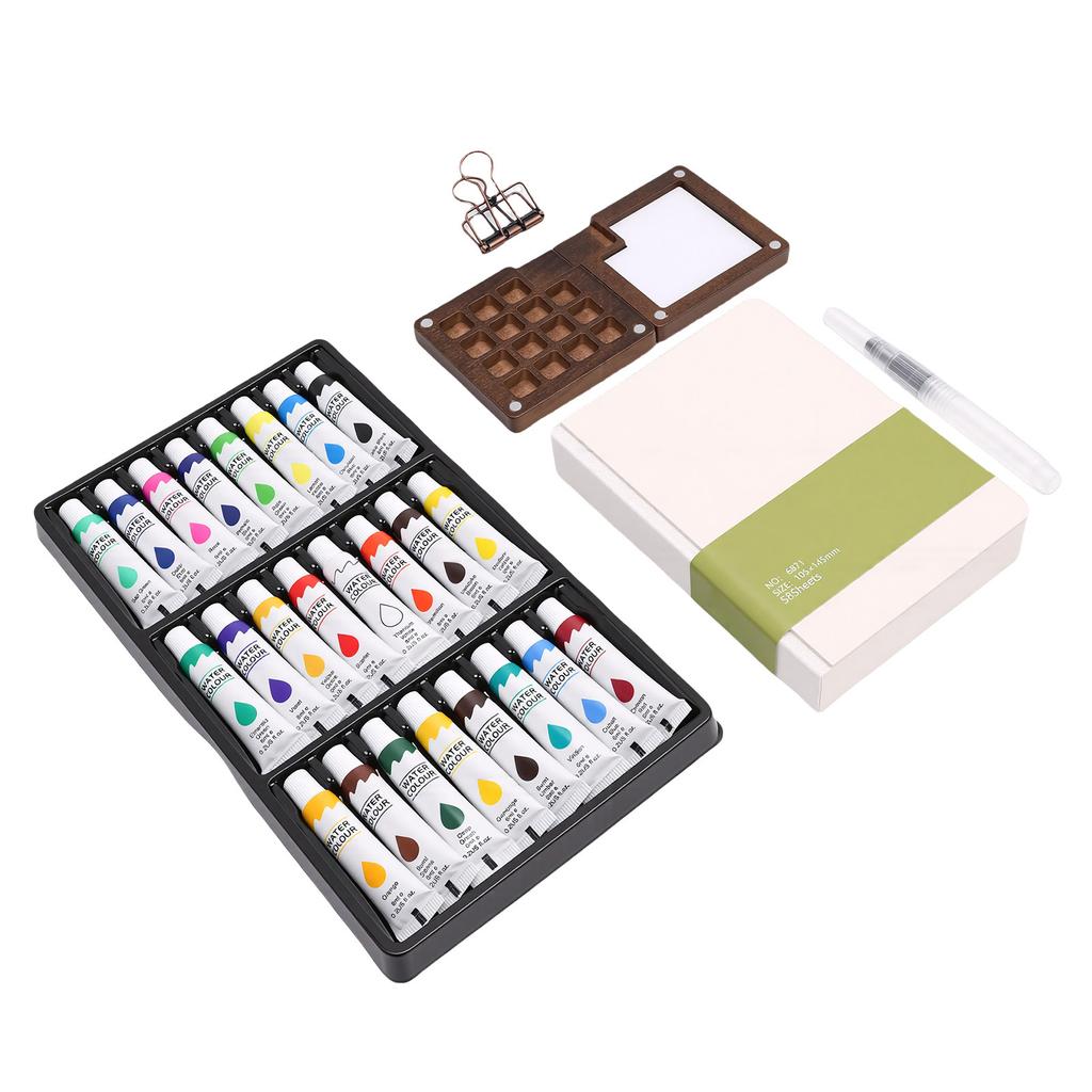 Mini Watercolor Paint Set 15 Grid Wood Palette 24 Colors Portable Sketchbook Painting Kit Watercolor Travel Set