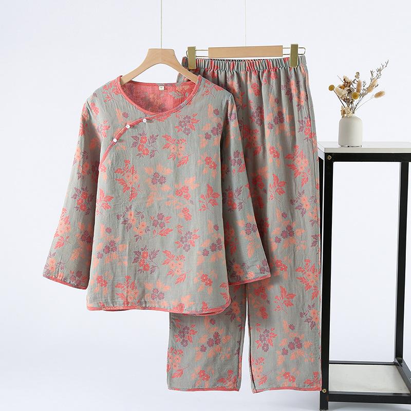 Pajamas women's autumn new Chinese-style pure cotton-colored woven jacquard double-layer gauze national style retro style loungewear set