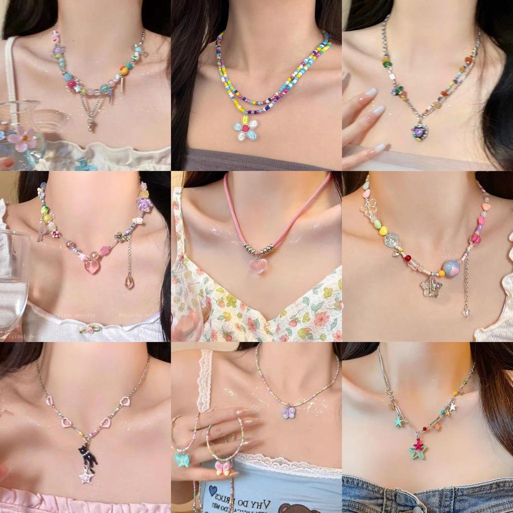 Dopamine Necklace: Candy-Colored Beaded Clavicle Design for Women - Sweet & Cool Internet Celebrity Jewelry