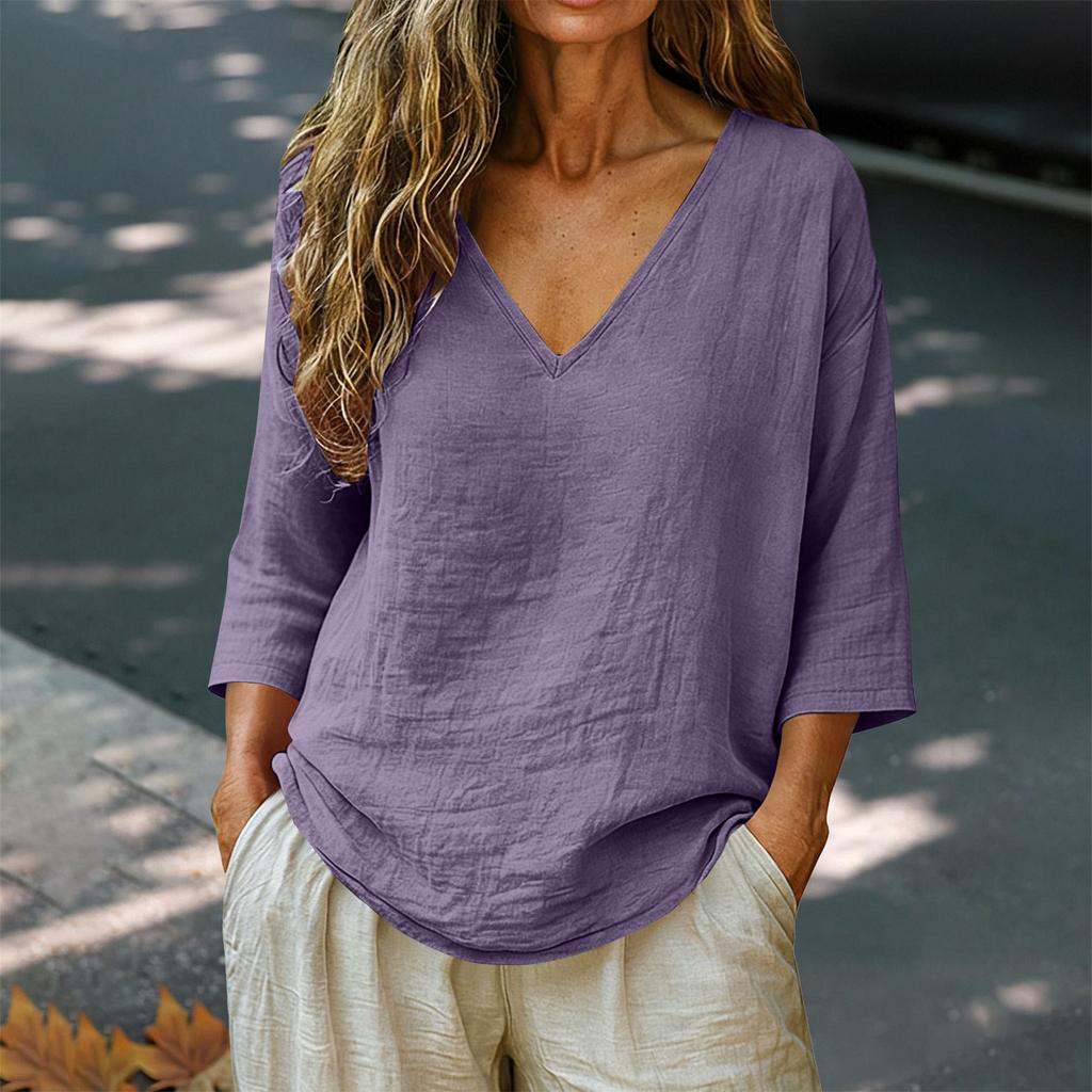 Women's Loose-Fit Fashionable Cotton-Linen -Color V-Neck Casual Top
