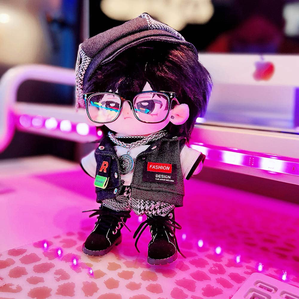 Niannyyhouse 15cm Plush Clothes Set: Hat, Vest, T-Shirt, Shorts, Glasses, Necklace, Shoes, Loose Fit Cotton Doll Clothes (Black, 15cm)