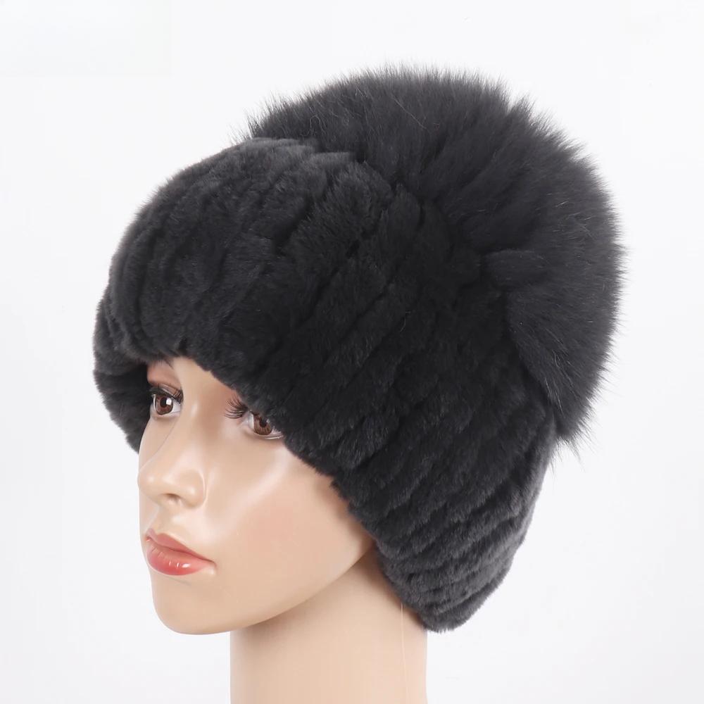 New Women Winter Luxury Real Rex Rabbit Fur Hat Knitted Rex Rabbit Fur Hat Top Natural Fox Fur Cap Genuine Fox Fur Beanies Hat