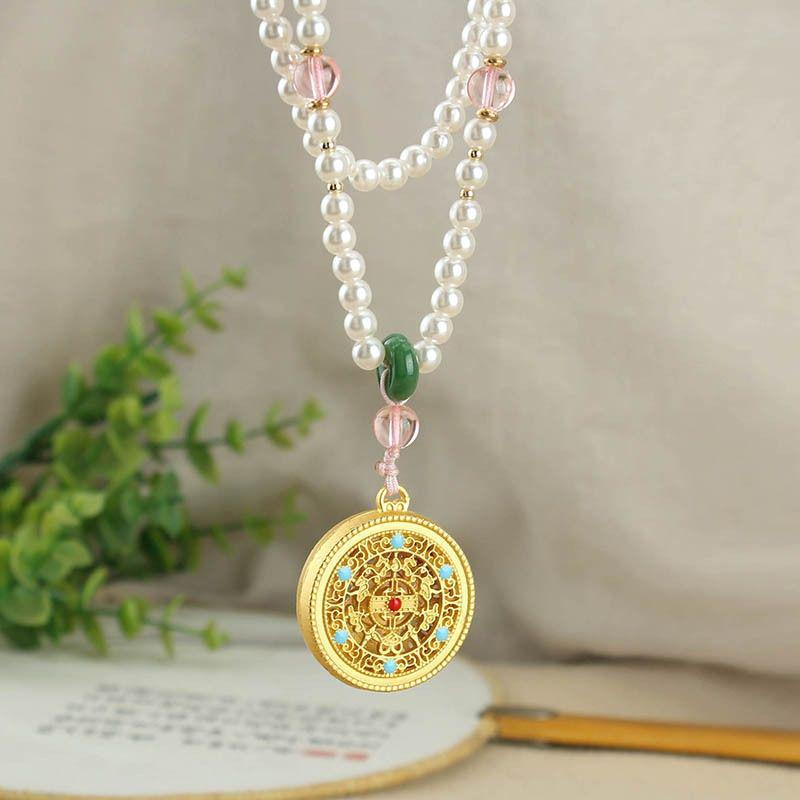 Retro Five Blessings Imitation Pearl Necklace with Cloisonné Pendant - Chinese Style Long Beaded Accessory