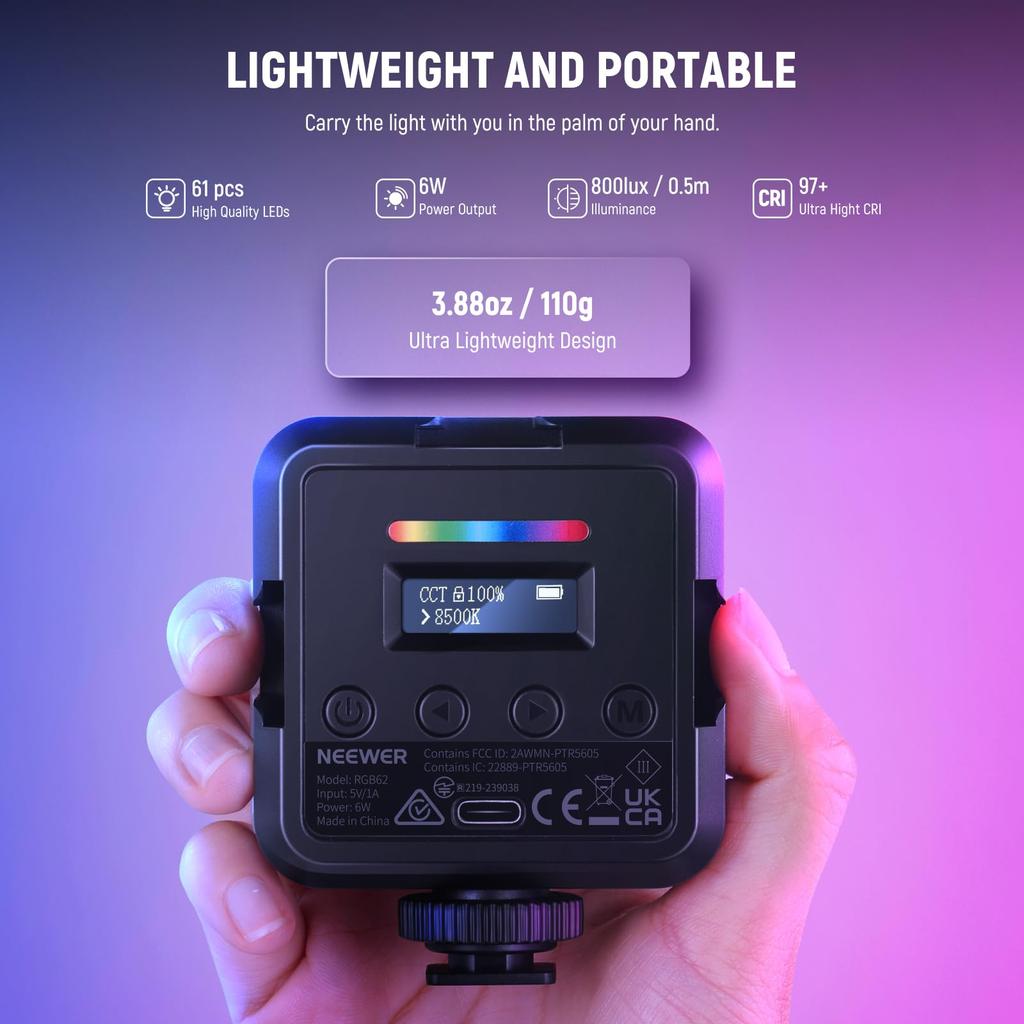 NEEWER RGB62 2-Pack Magnetic Video Lights RGB Shooting Lights APP Control 360° Full Color LED Camera Light CRI97+ Dimmable 2500K-8500K 17 Scene Modes