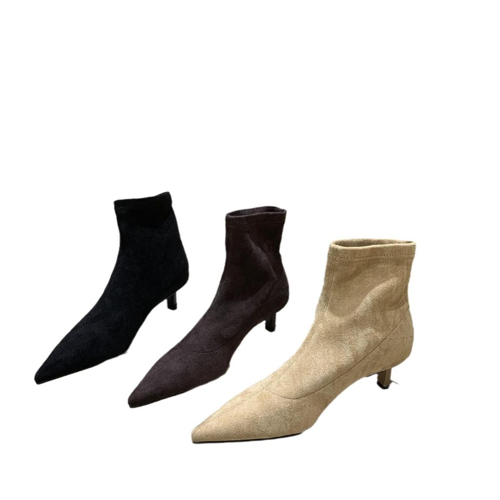 2025 autumn and winter pointed thin heel elastic boots Internet celebrity thin boots medium boots matte high heel velvet commuter short boots women
