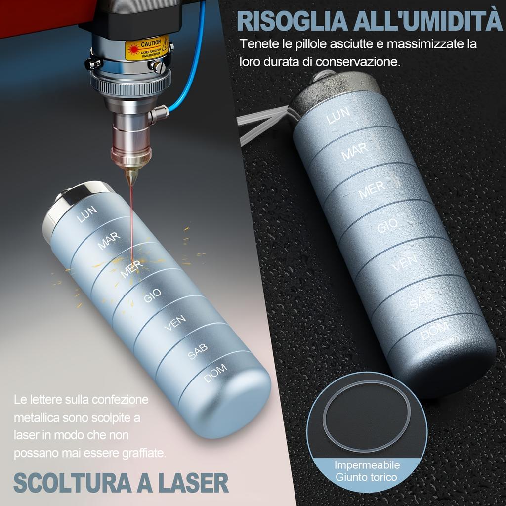 [Printed In Italy]Metal Travel Pill Organizer, Portable 7 Day Vitamin Organizer Stackable, Waterproof 1 Times A Day Pill Box