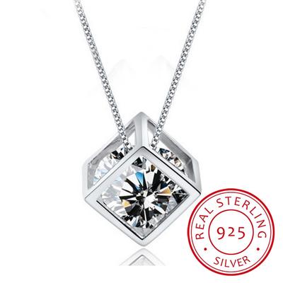 925 Sterling Silver Cube Zirconia Pendant Necklace For Women Gift 45cm Link Chain Choker Collares Kolye S -N76