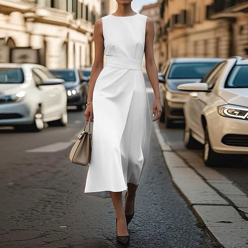 Women's Fashion Casual Solid Color Zipper Sleeveless Round Neck Dress With Belt