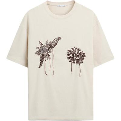 Loose Trendy Floral Embroidery Round Neck Short Sleeve T-Shirt Men Tops Brown 5584302-707