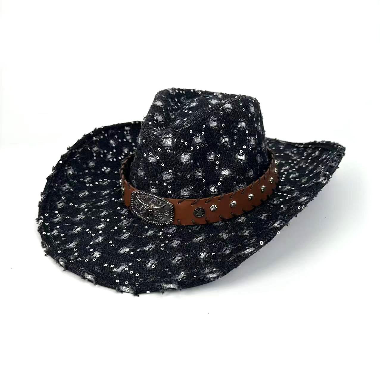 

Fashion Denim Ripped Retro Western Denim Hat European And American Personalized Casual Jazz Hat Peach Heart Top Curved Brim Top Hat M（56-58cm） чорний