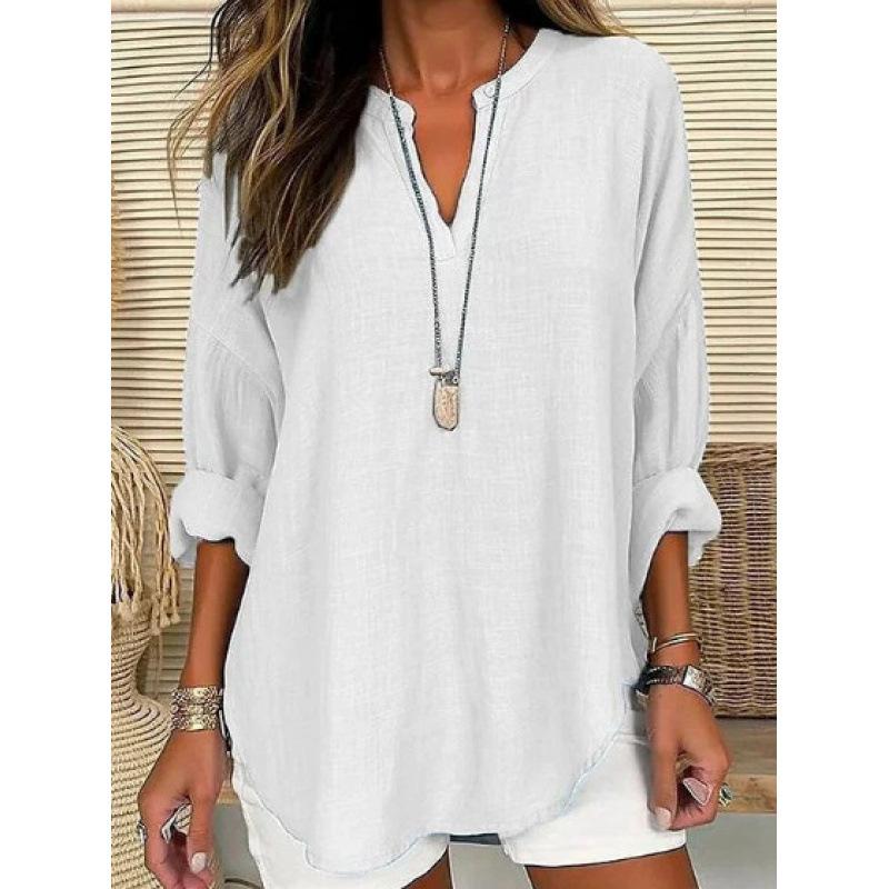 Women's Henley V Neck Long Sleeve Loose Solid Linen Blend Tunic Top Plus Size Casual Blouse