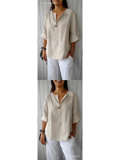 Women's Cotton Linen V-Neck Button T-Shirt - Summer Loose Fit