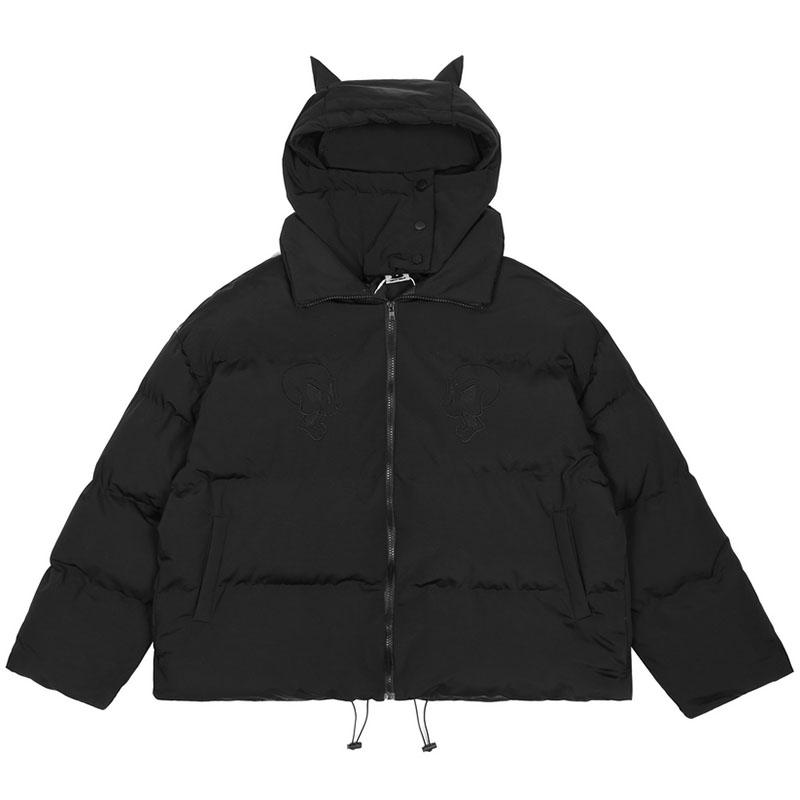 Cotton-Padded Hip Hop Parkas Men Devil Horns Winter Hooded Down Jacket Retro Y2K Thicken Puffer High Street Loose Bubbles Coats