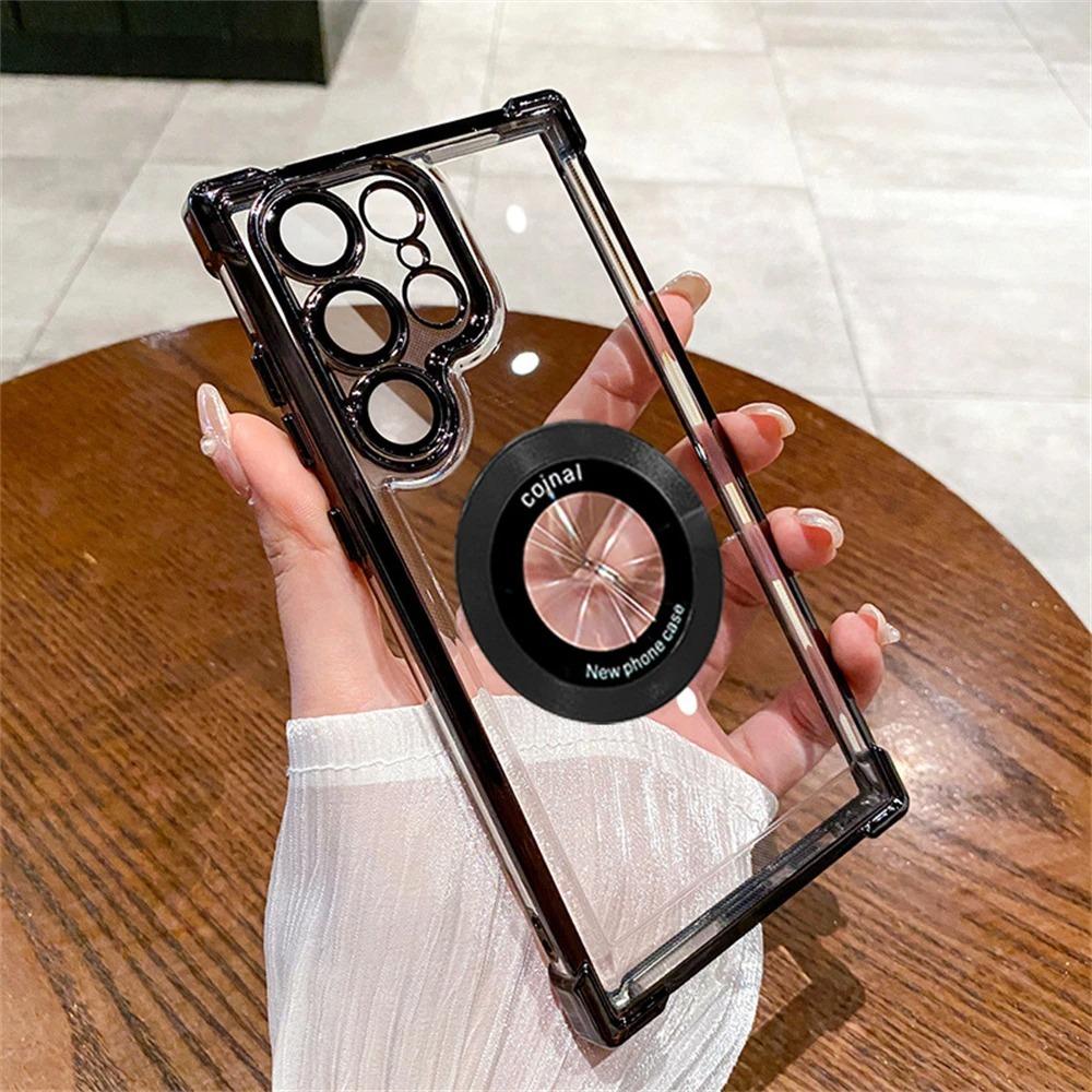 Suitable for Samsung S25ultra Mobile Phone Case Magnetic Suction S24 Electroplated Transparent S22p Four Corner Airbag Anti Fall Space Cover