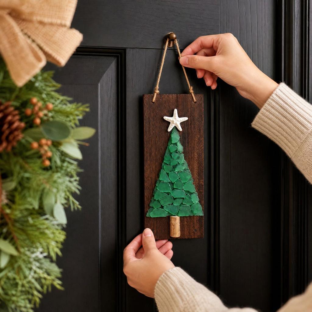 Non-Lighted Sea Glass Christmas Tree Ornament, Driftwood Christmas Hanging Decor for Wall and Wreath
