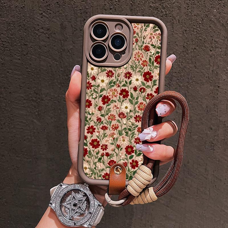 Cute Flower Pattern Lanyard Strap Rope Phone Case For iPhone 16 17 Pro Max 11 12 13 14 15 16E XS X XR 7 Plus Silicone Soft Cover
